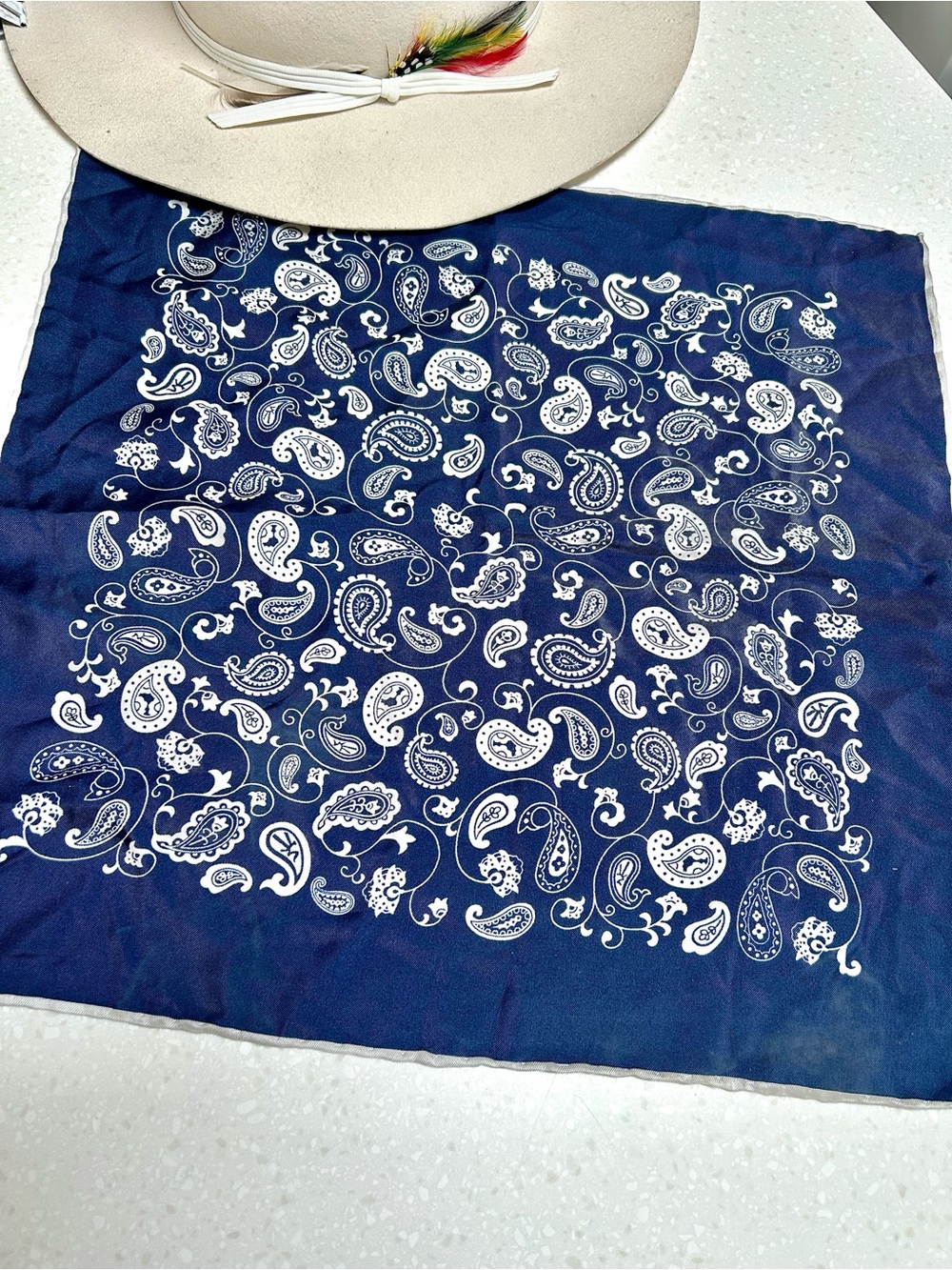SILK Southwestern Paisley Navy and White Scarf/wrap w cottagecore farmhouse vibe